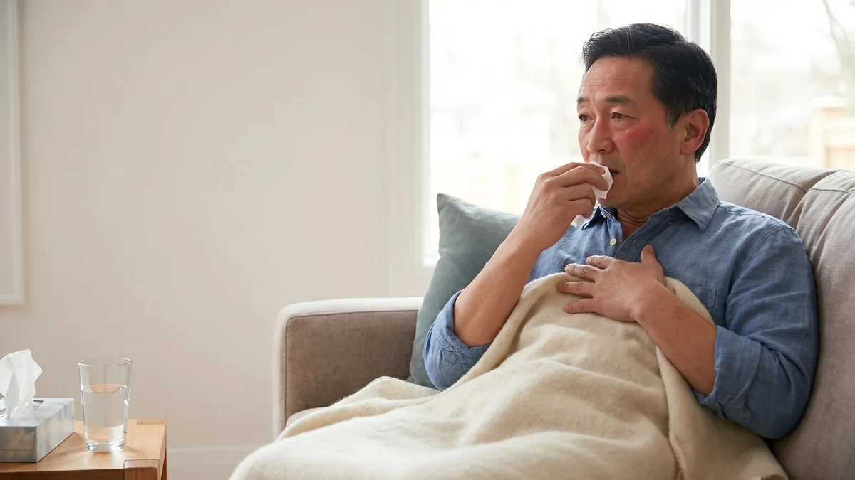An older man resting under a blanket with a tissue, looking unwell