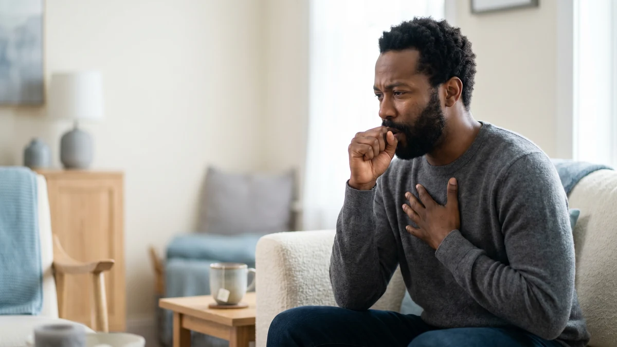 A man coughing into his fist with a hand on his chest at home