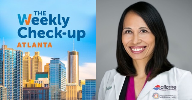 Weekly Check-up Atlanta radio show artwork beside a headshot of a smiling doctor in a white coat