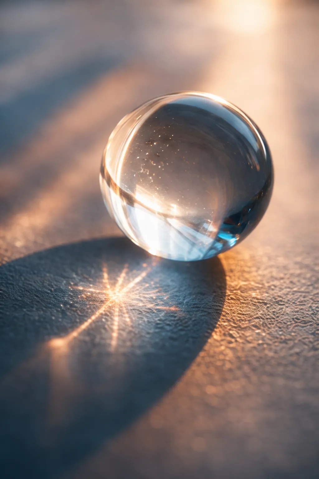 Clear glass sphere focusing warm sunlight on a textured surface.