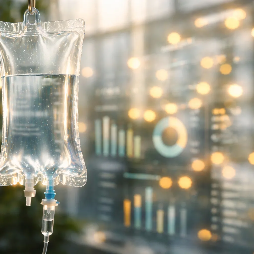 IV fluid bag with clear liquid hanging in front of a blurred screen displaying RCM analytics.