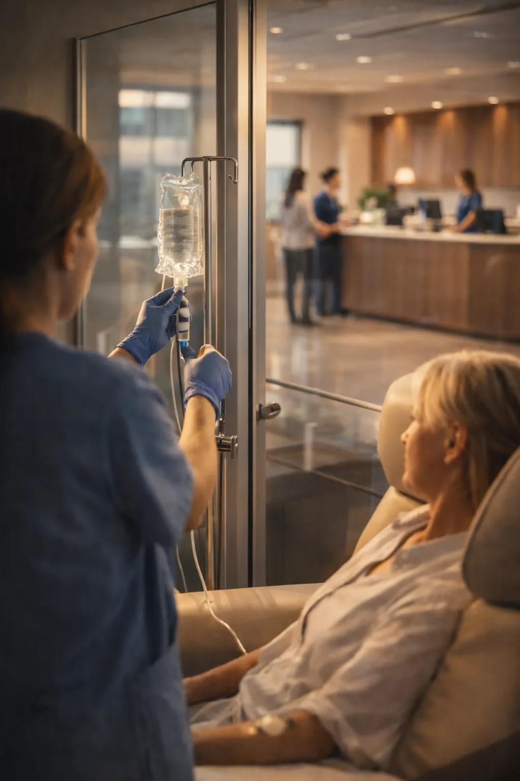 Nurse adjusting intravenous drip for patient resting in a recliner at an infusion center.