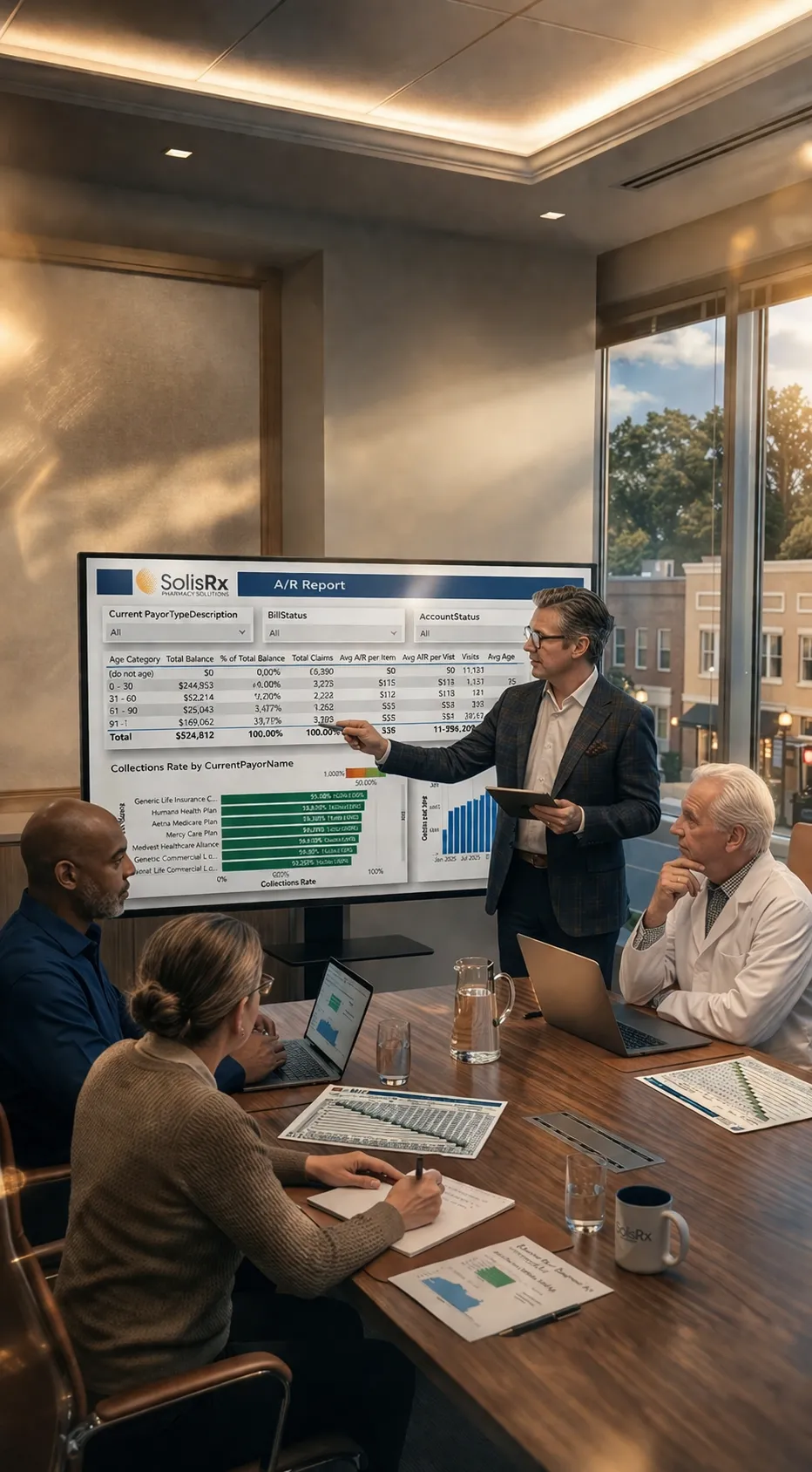 Business meeting with four professionals reviewing a SolisRx A/R Report on a large screen in a modern conference room.