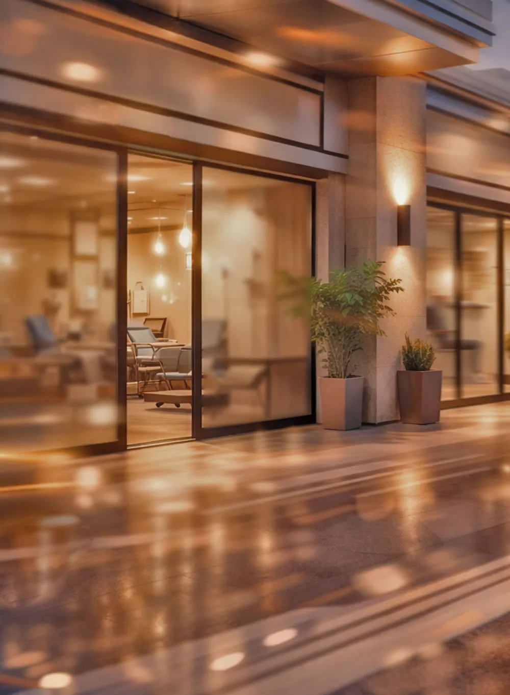 Doors opening to a warmly lit infusion center seating area with infusion chairs.
