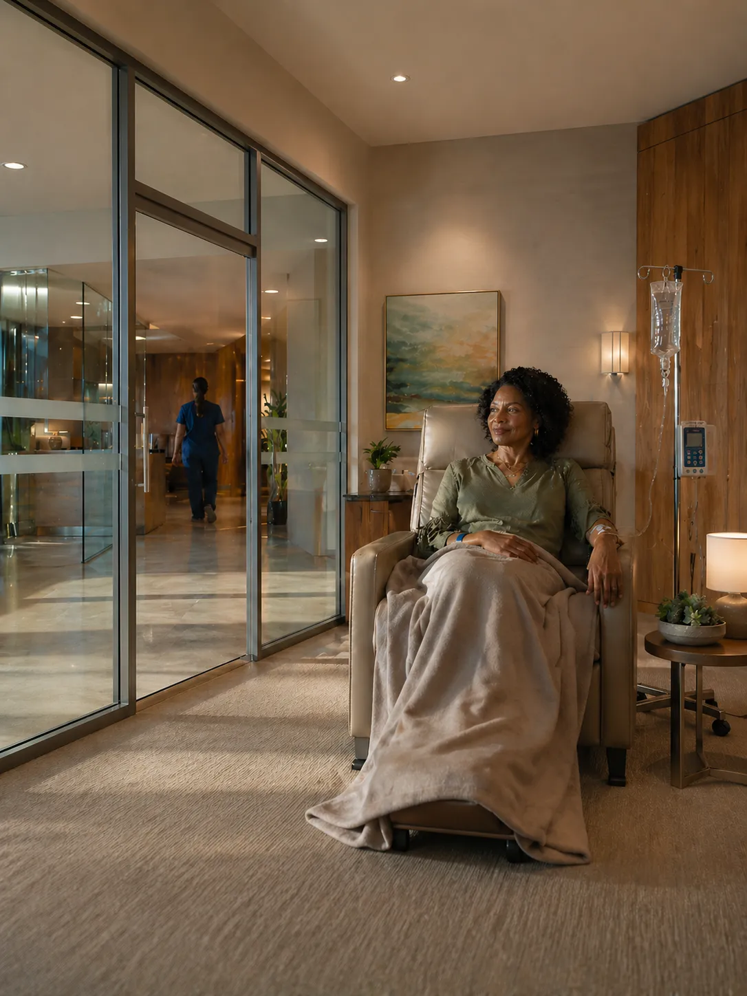 Nurse adjusting intravenous drip for patient resting in a recliner at an infusion center.