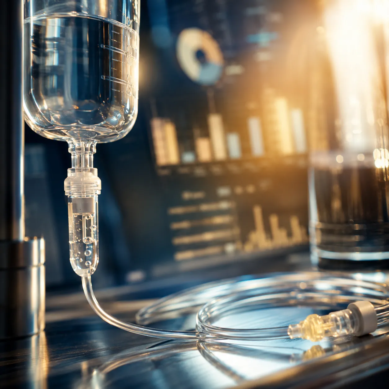 Nurse adjusting intravenous drip for patient resting in a recliner at an infusion center.