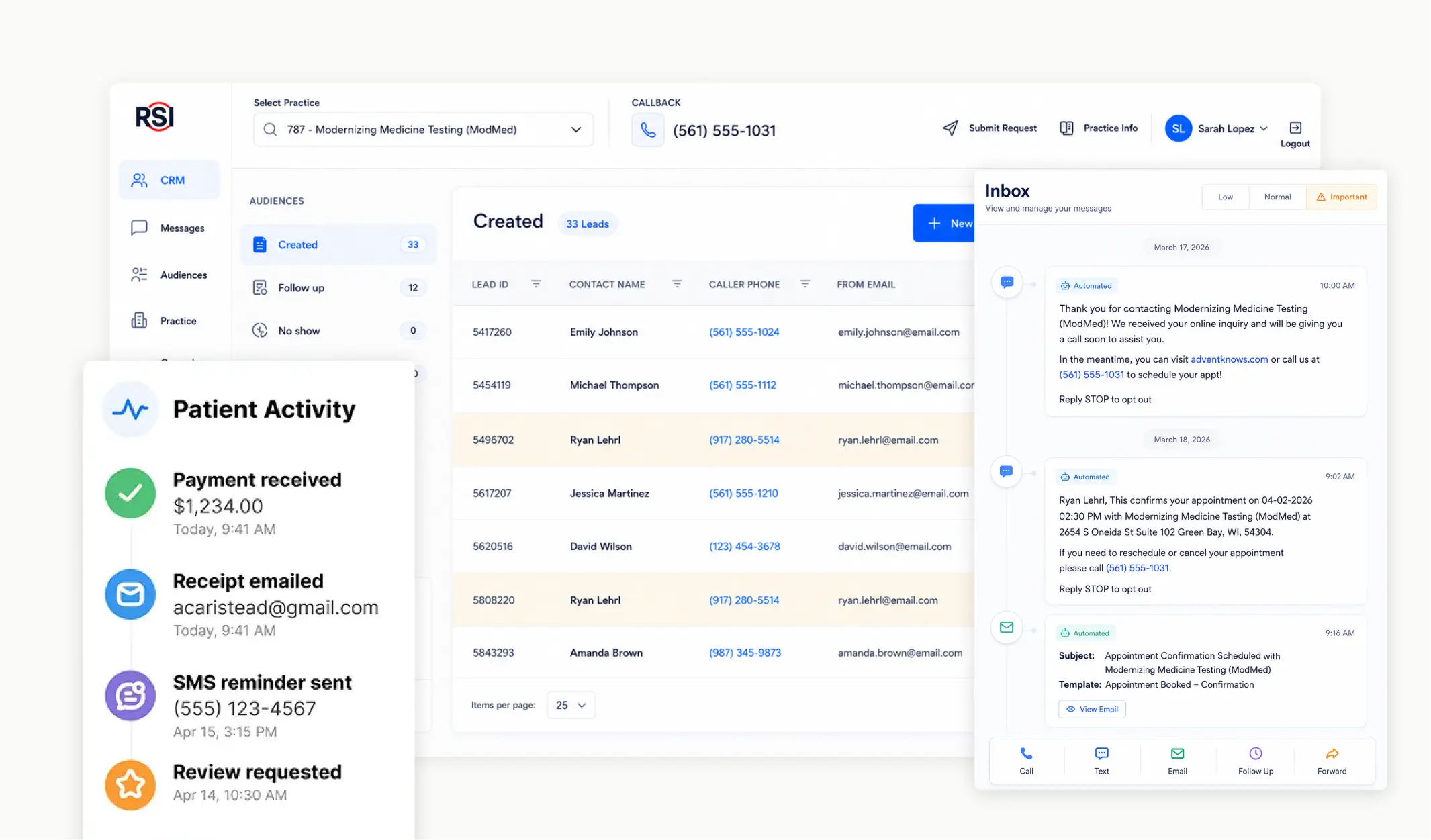 RSI CRM showing lead list, automated inbox messages, and patient activity feed including payment, SMS reminder, and review request.