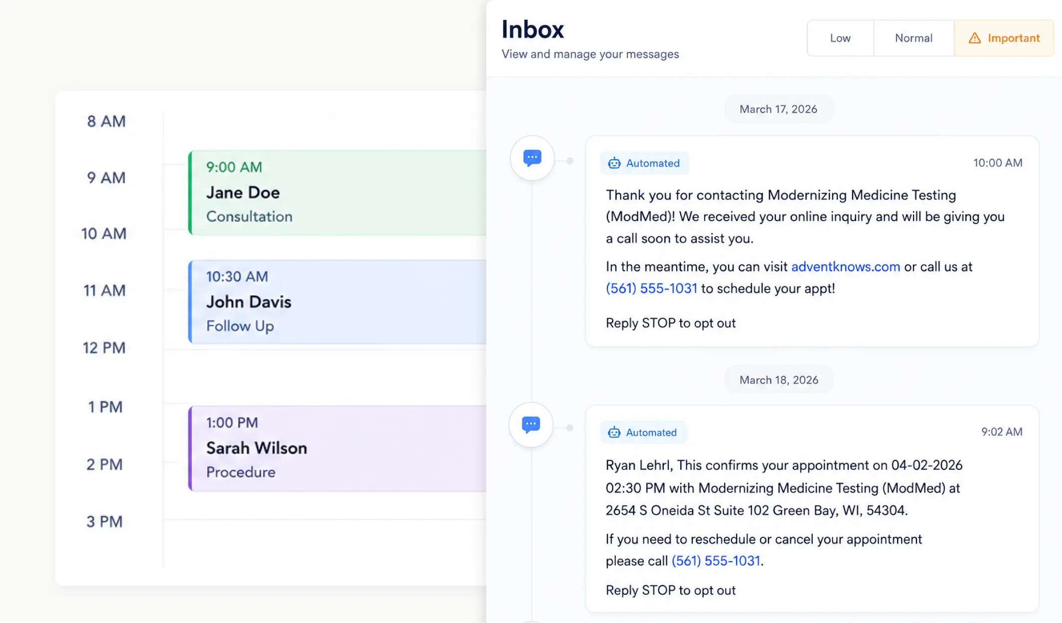 Daily appointment schedule alongside automated inbox messages for inquiry acknowledgment and appointment confirmation.