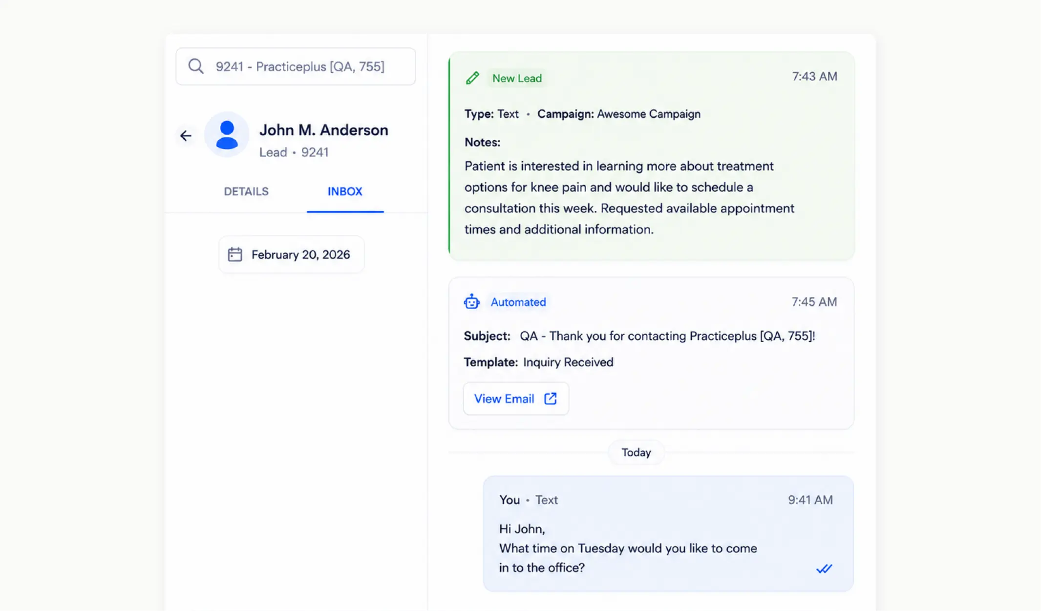RSI CRM showing a new lead inquiry with automated response and follow-up text conversation.