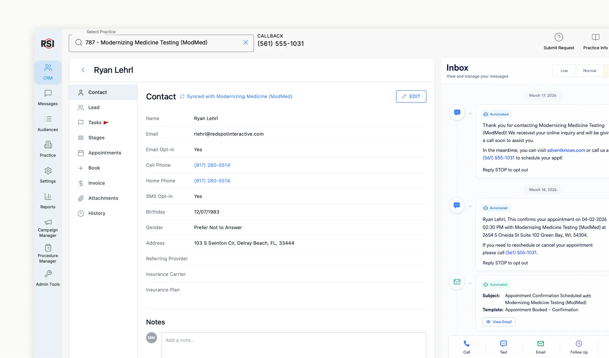 RSI CRM contact record synced with practice management system showing patient details and automated communication history.