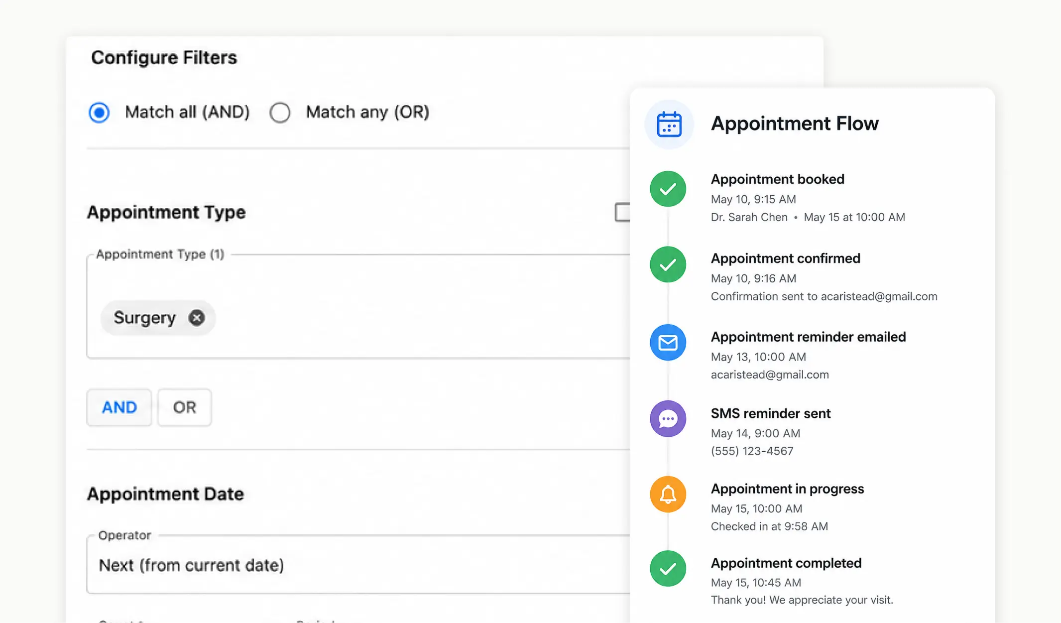 Audience filter configuration alongside an automated appointment flow from booking through confirmation, reminders, and completion.