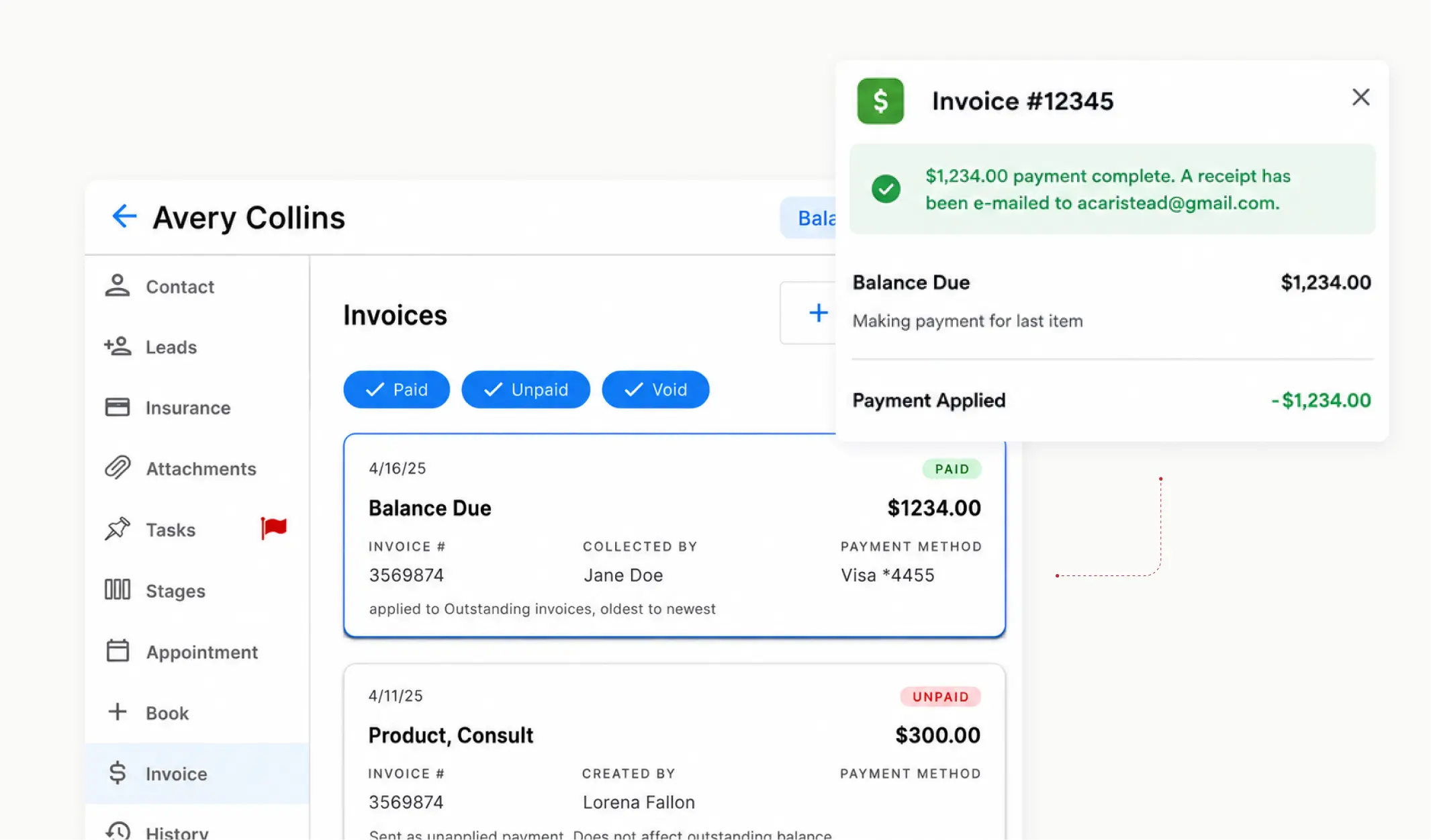Patient invoice history with paid and unpaid statuses alongside a completed payment confirmation overlay.
