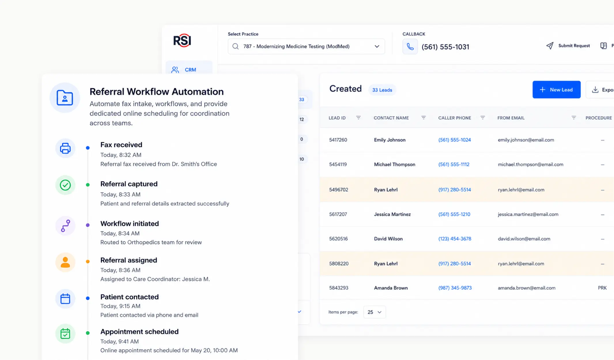Referral workflow automation log showing fax received, referral captured, workflow initiated, assigned to coordinator, patient contacted, and appointment scheduled — alongside the CRM lead list.