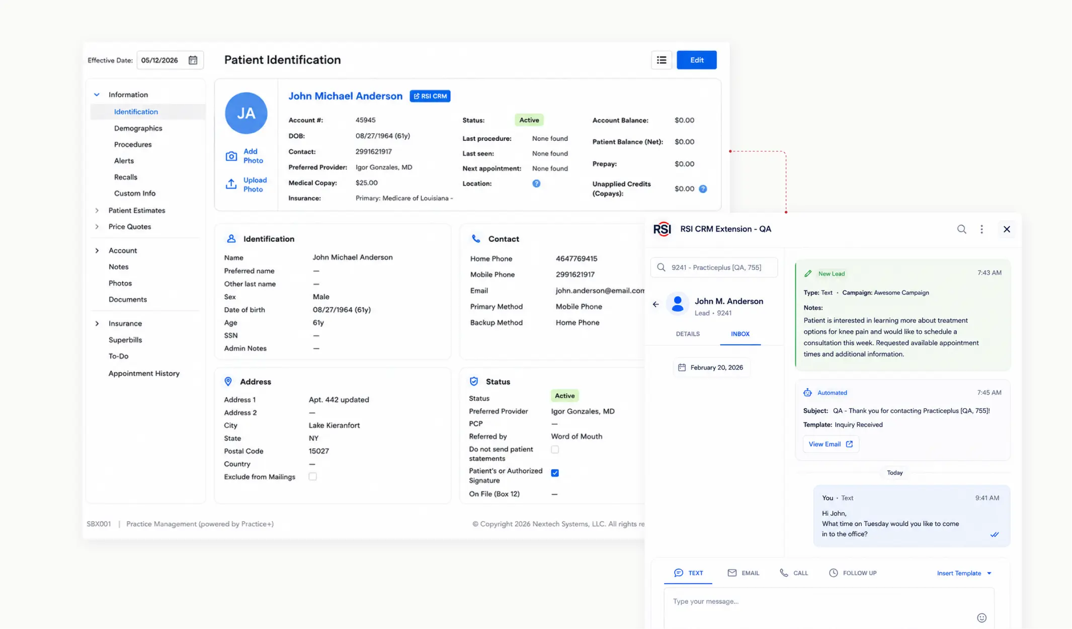 Practice management patient record synced with RSI CRM extension showing patient details alongside an active lead inbox and automated follow-up conversation.