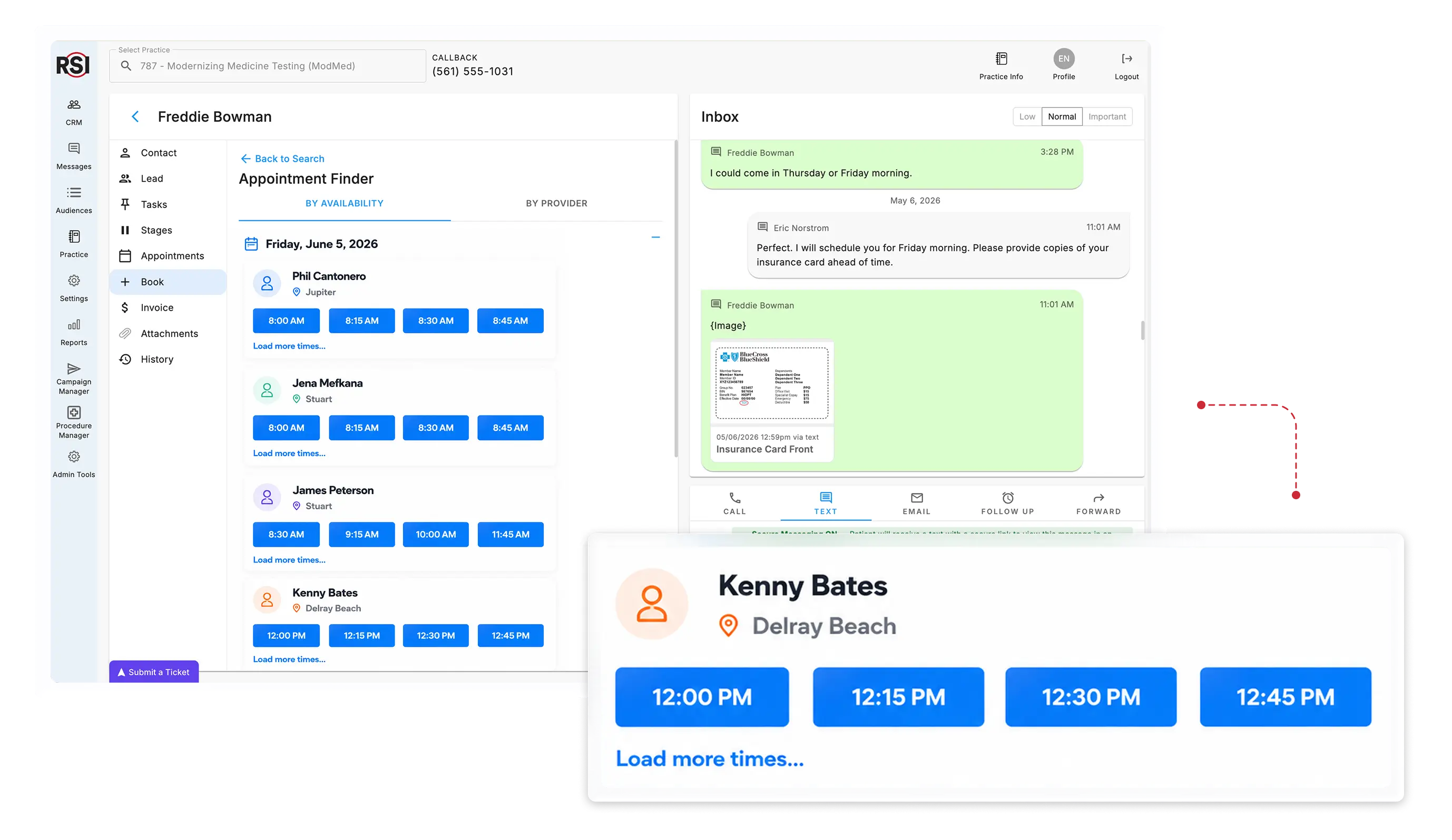 RSI appointment finder showing available time slots by provider alongside a patient text conversation with insurance card submission.
