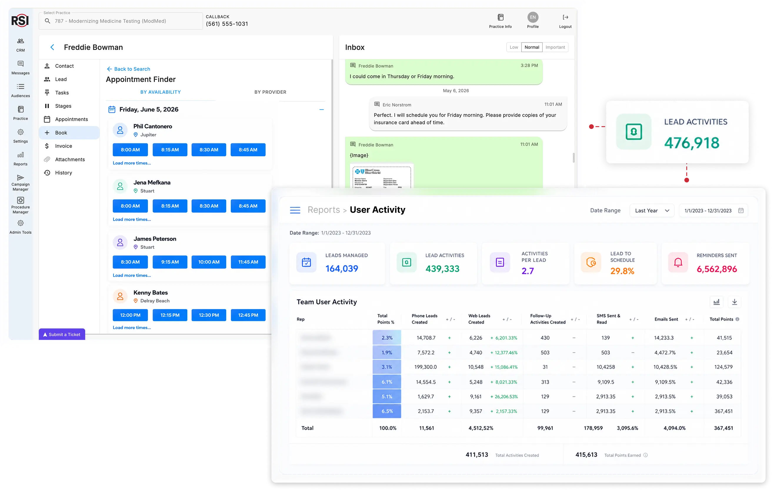 RSI appointment finder and patient inbox alongside a user activity report showing 164,039 leads managed and team performance metrics.