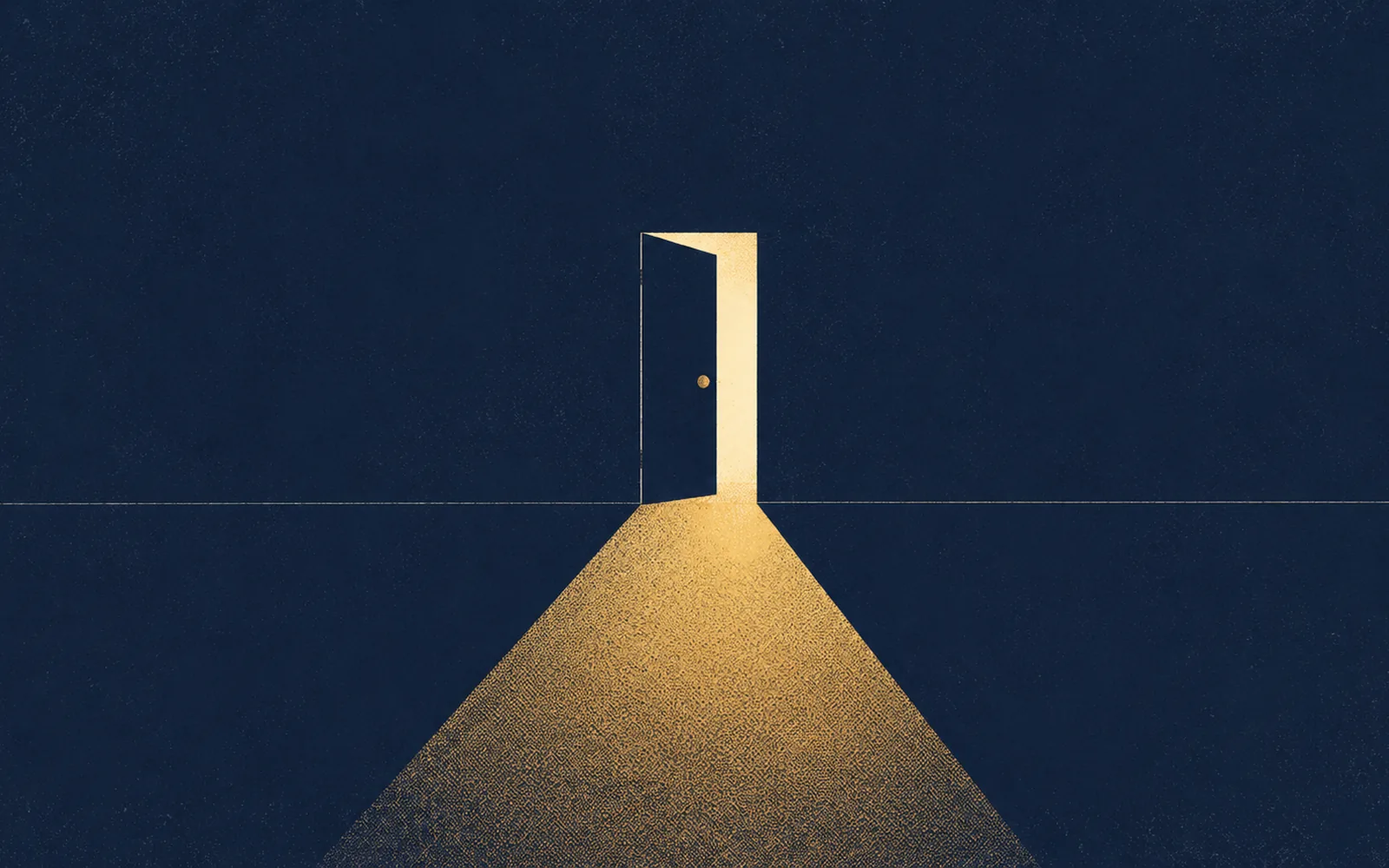Illustration of a door opening onto a path of gold light in a navy space
