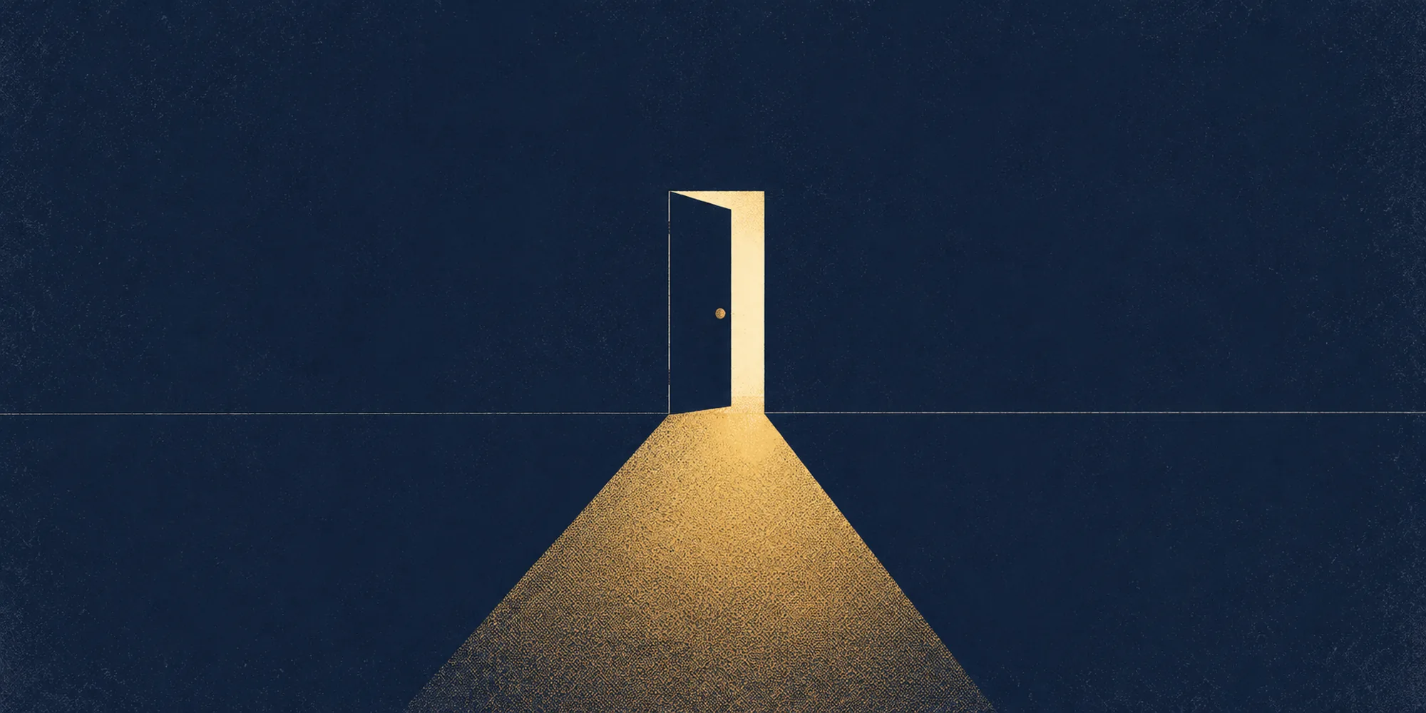 Illustration of a door opening onto a path of gold light in a navy space