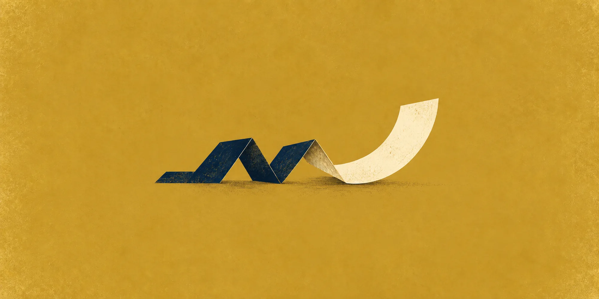 Illustration of a folded navy ribbon unfolding into a smooth cream curve on gold