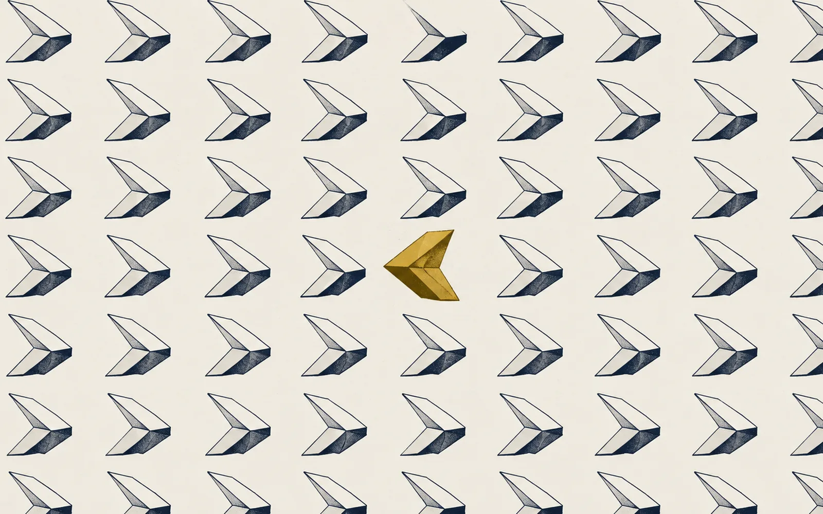 Illustration of rows of identical cream arrows with one gold arrow pointing the other way