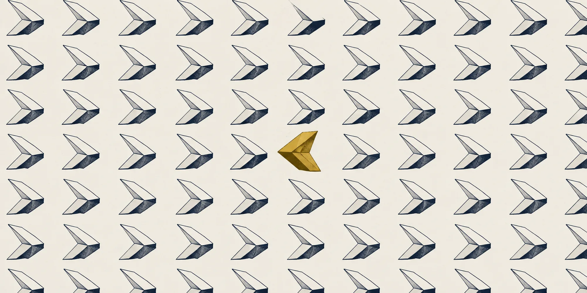 Illustration of rows of identical cream arrows with one gold arrow pointing the other way