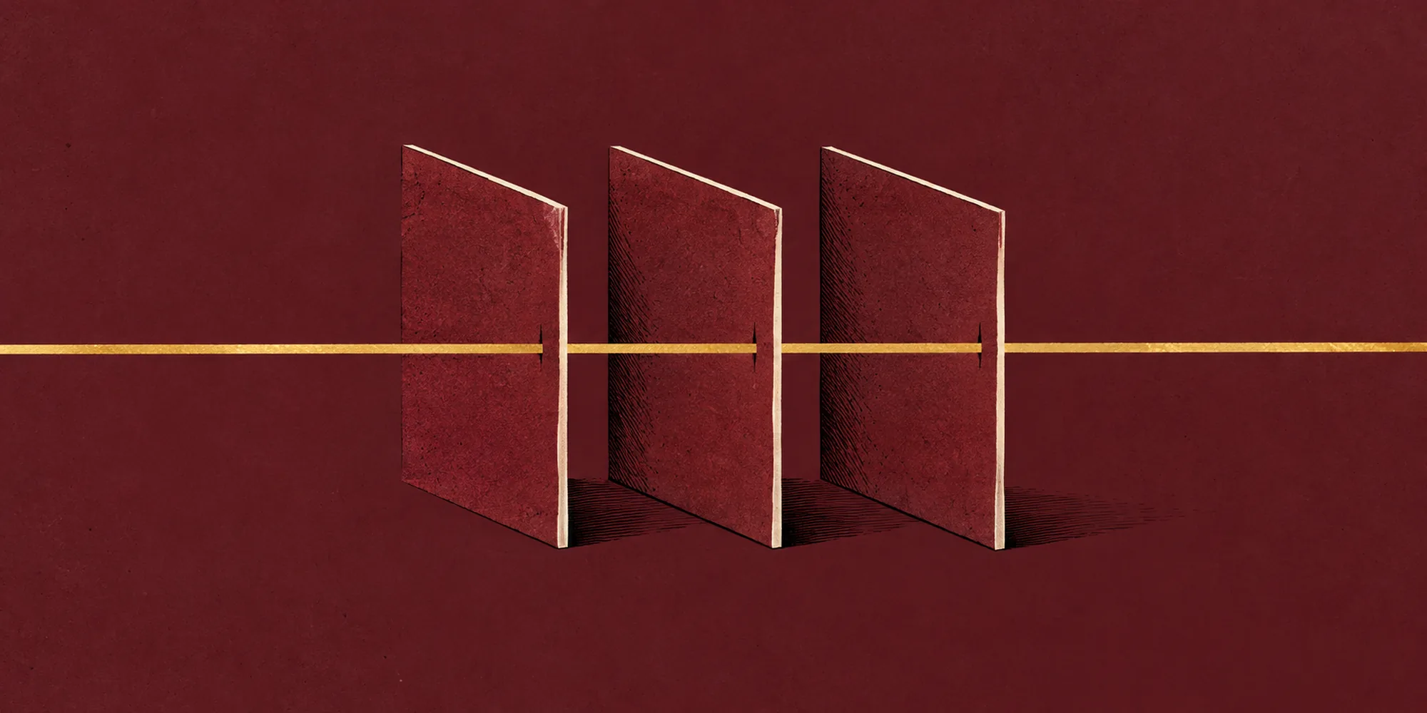 Illustration of a gold line running through three oxblood panels