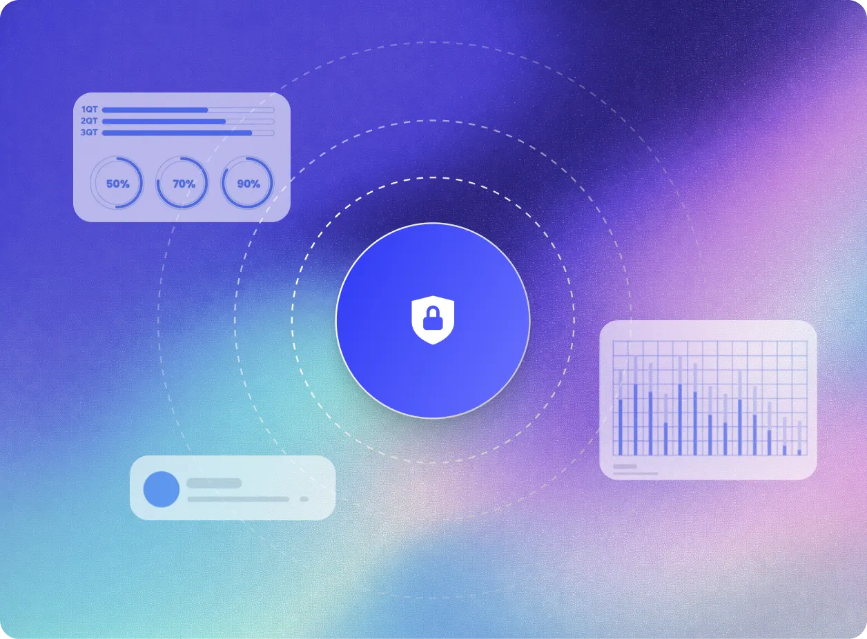 Blue circle with a shield lock icon in the center surrounded by three data visualization panels with progress bars, circular percentages, and bar charts on a gradient purple and blue background.