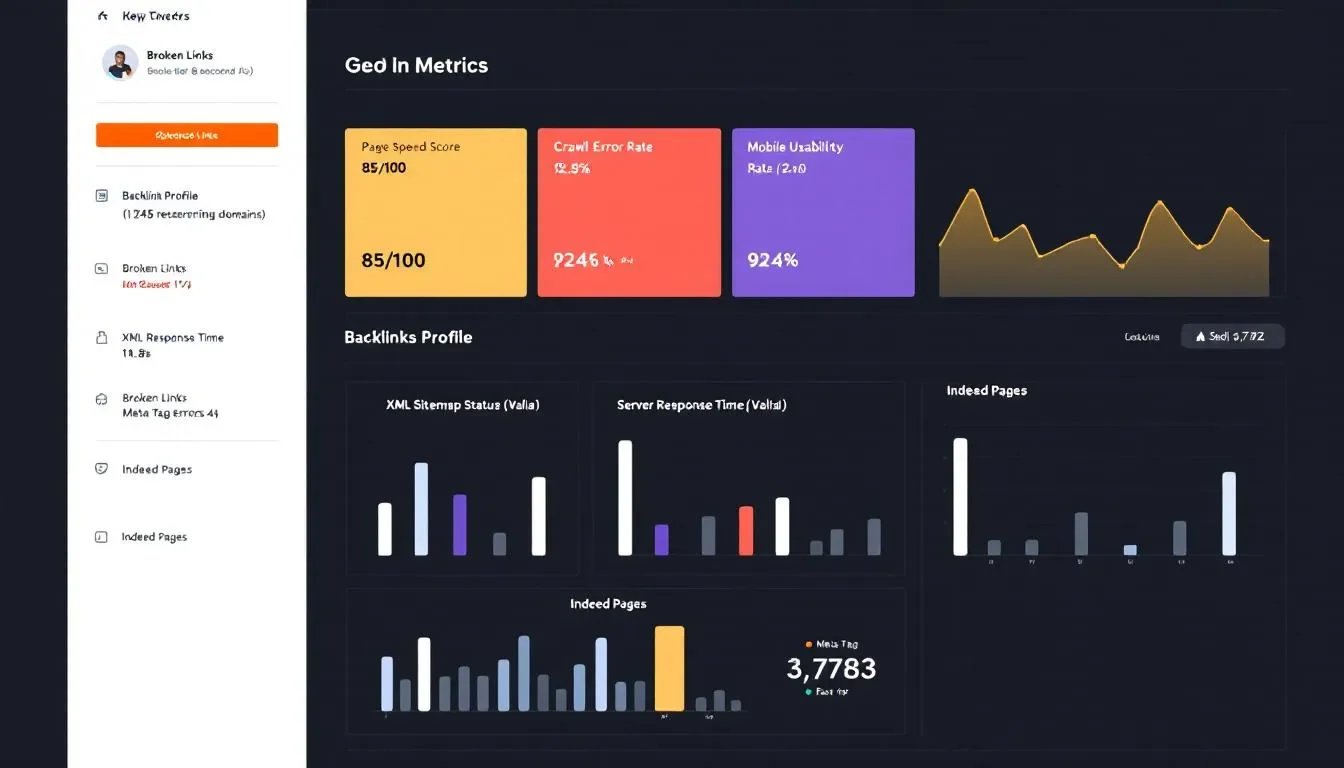 L'immagine mostra una dashboard di analisi tecnica SEO, evidenziando metriche di performance del sito web.