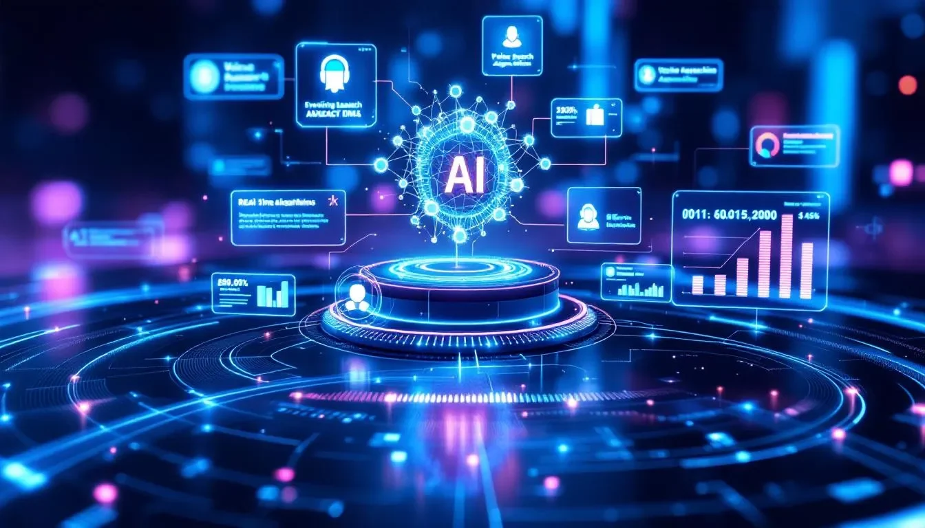 L'immagine rappresenta un'interfaccia futuristica che illustra l'evoluzione della ricerca online.