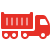 Red container truck icon facing right with three trailer wheels and two front wheels.