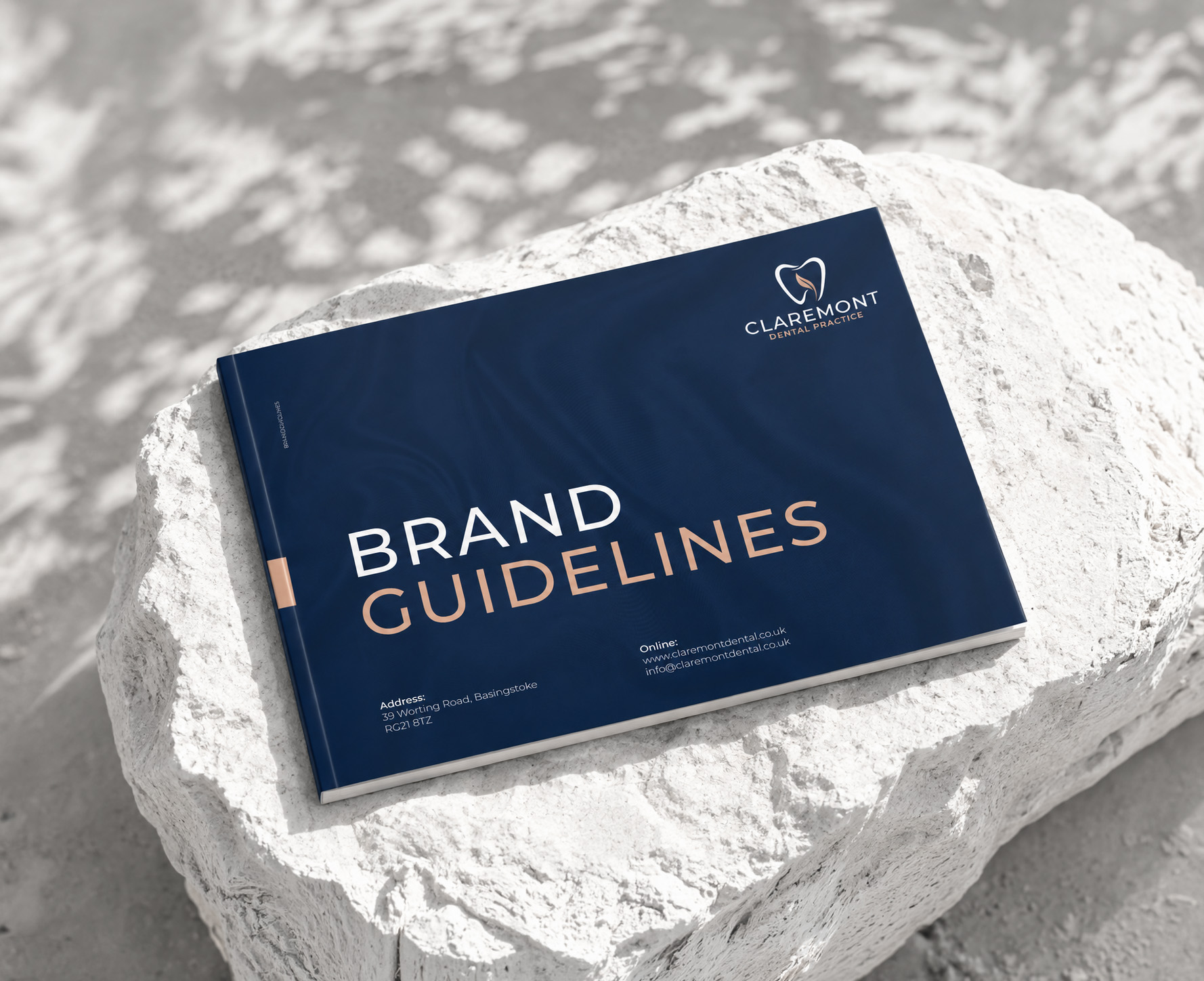 Claremont Dental Studio brand guidelines booklet on pale stone