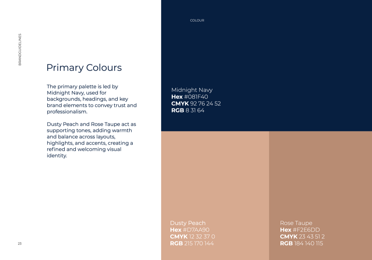 Claremont Dental Studio primary colour palette in navy and peach