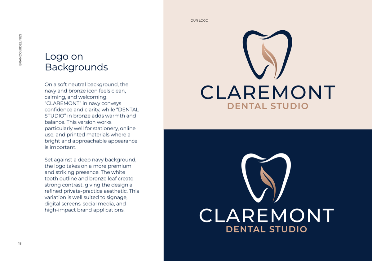 Claremont Dental Studio logo variations on light and navy backgrounds