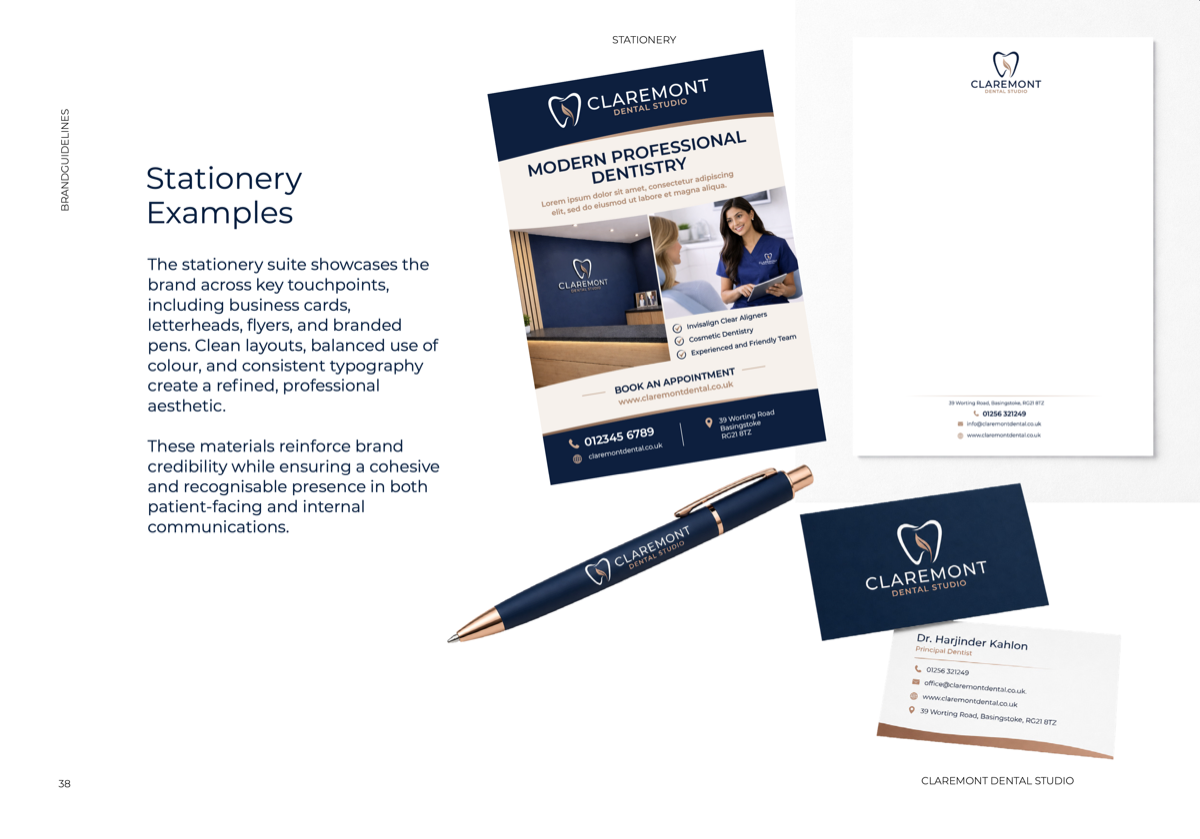 Claremont Dental Studio branded stationery, business cards and pen