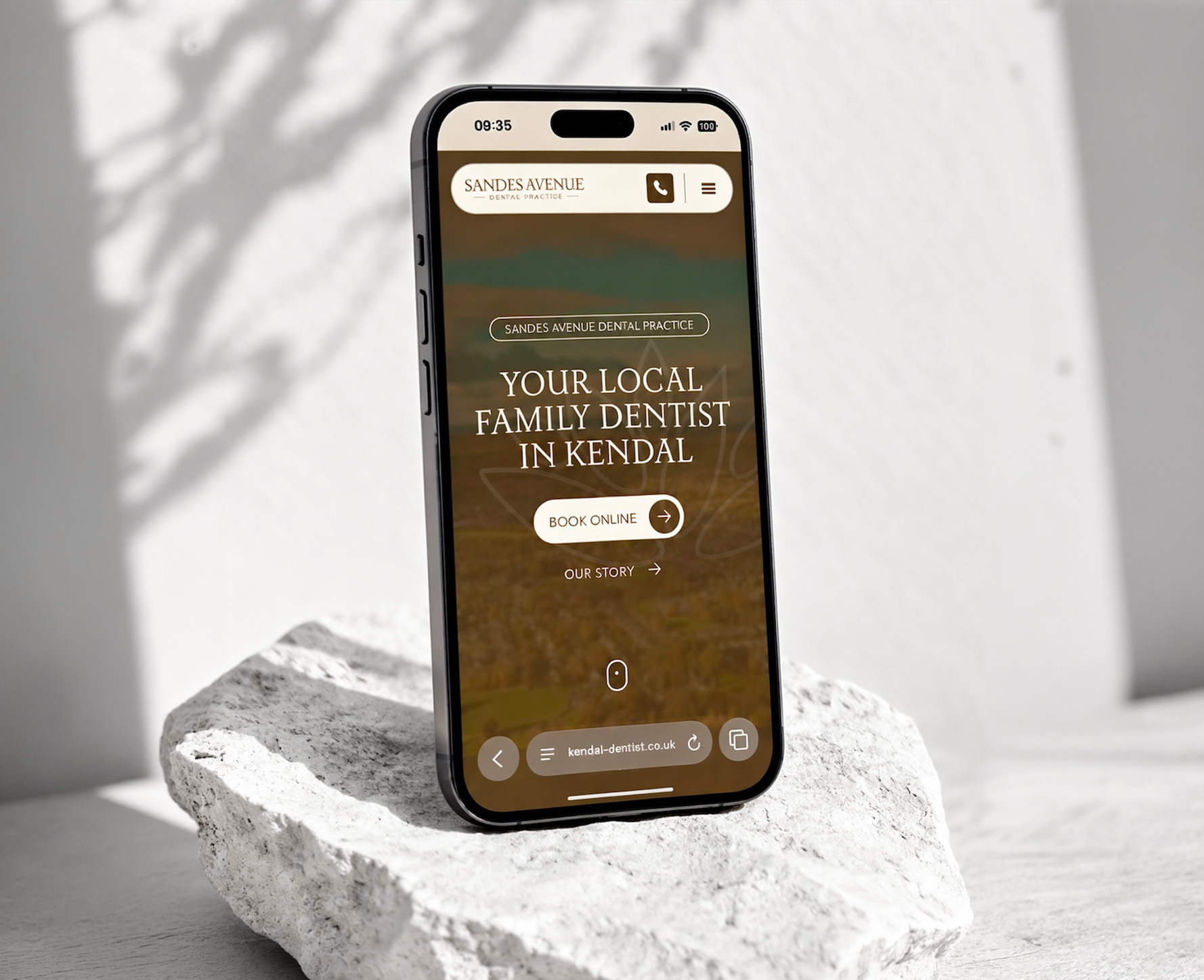 Sandes Avenue Dental Practice mobile website displayed on pale stone