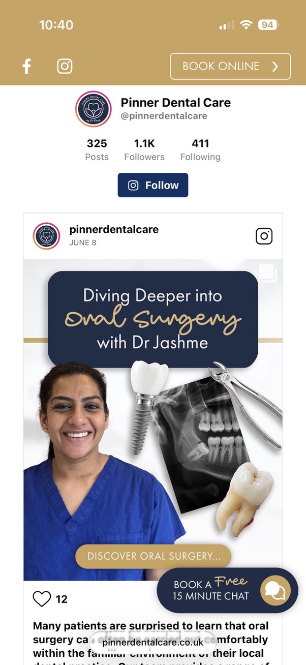 Pinner Dental Care mobile website with an embedded social media post