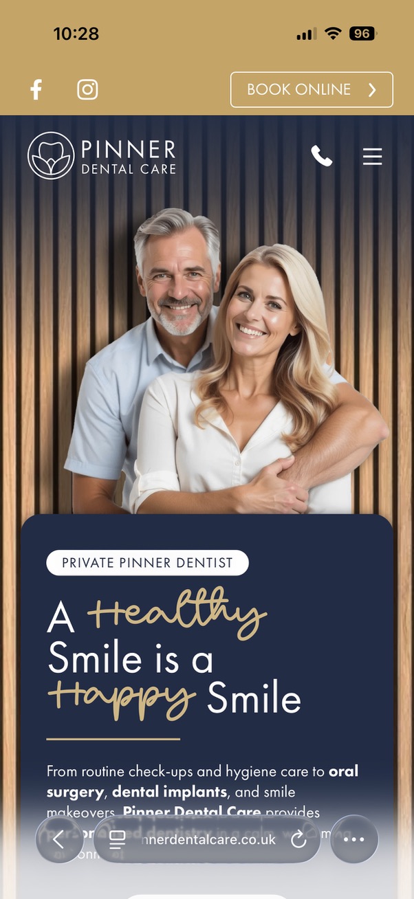 Pinner Dental Care mobile homepage featuring a smiling couple