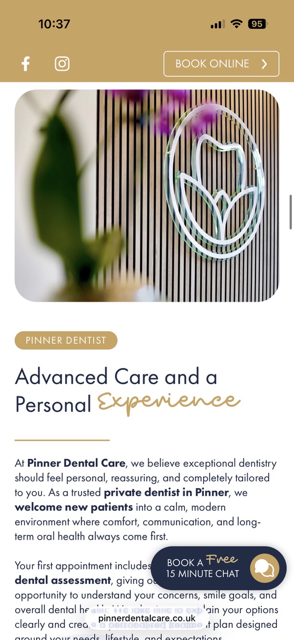 Pinner Dental Care mobile website introducing the practice