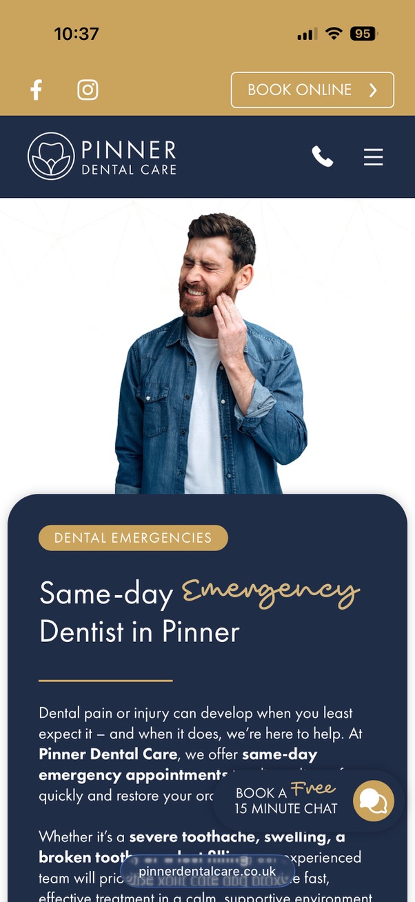 Pinner Dental Care mobile webpage for same-day emergency dental appointments