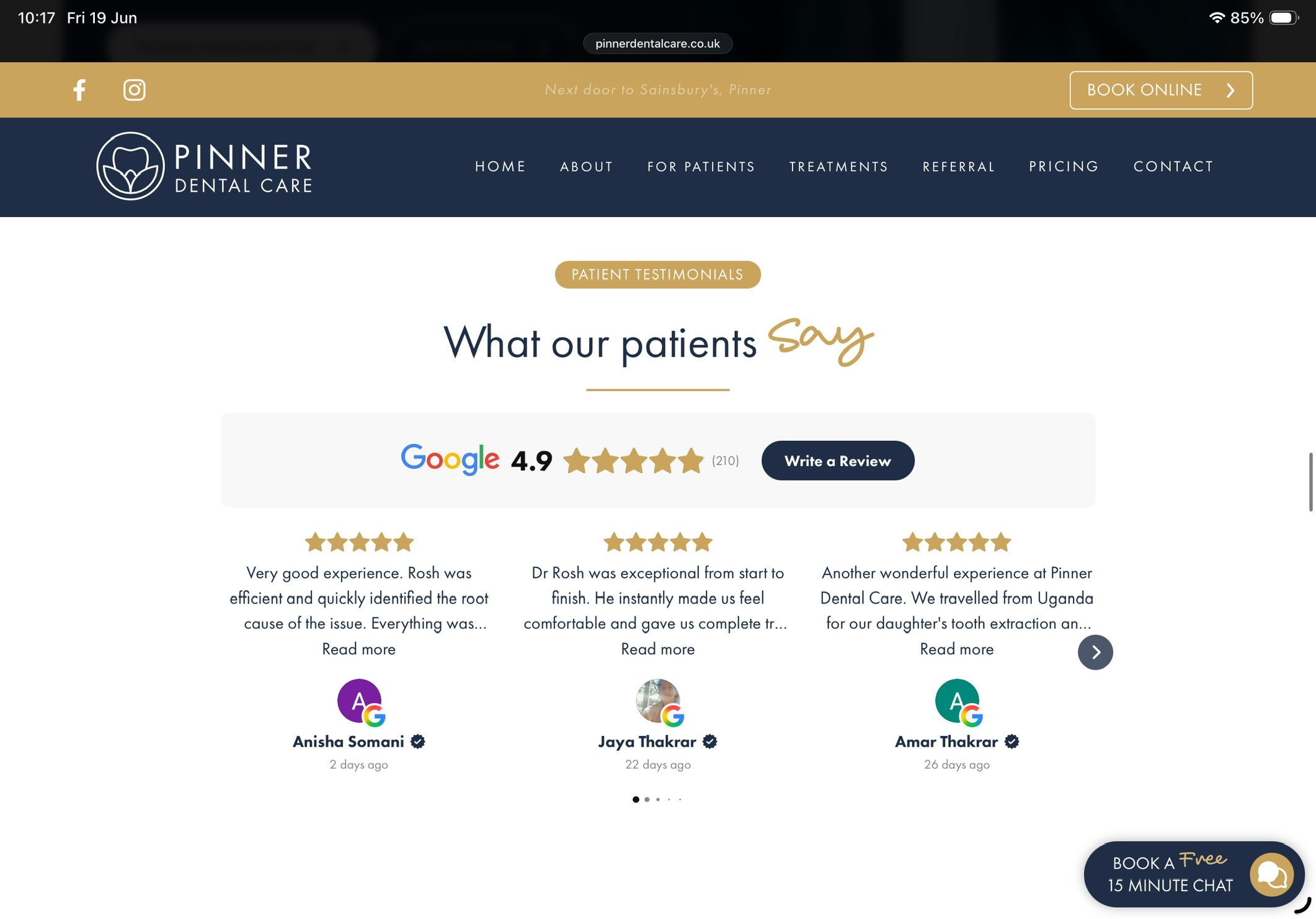 Pinner Dental Care website patient reviews section