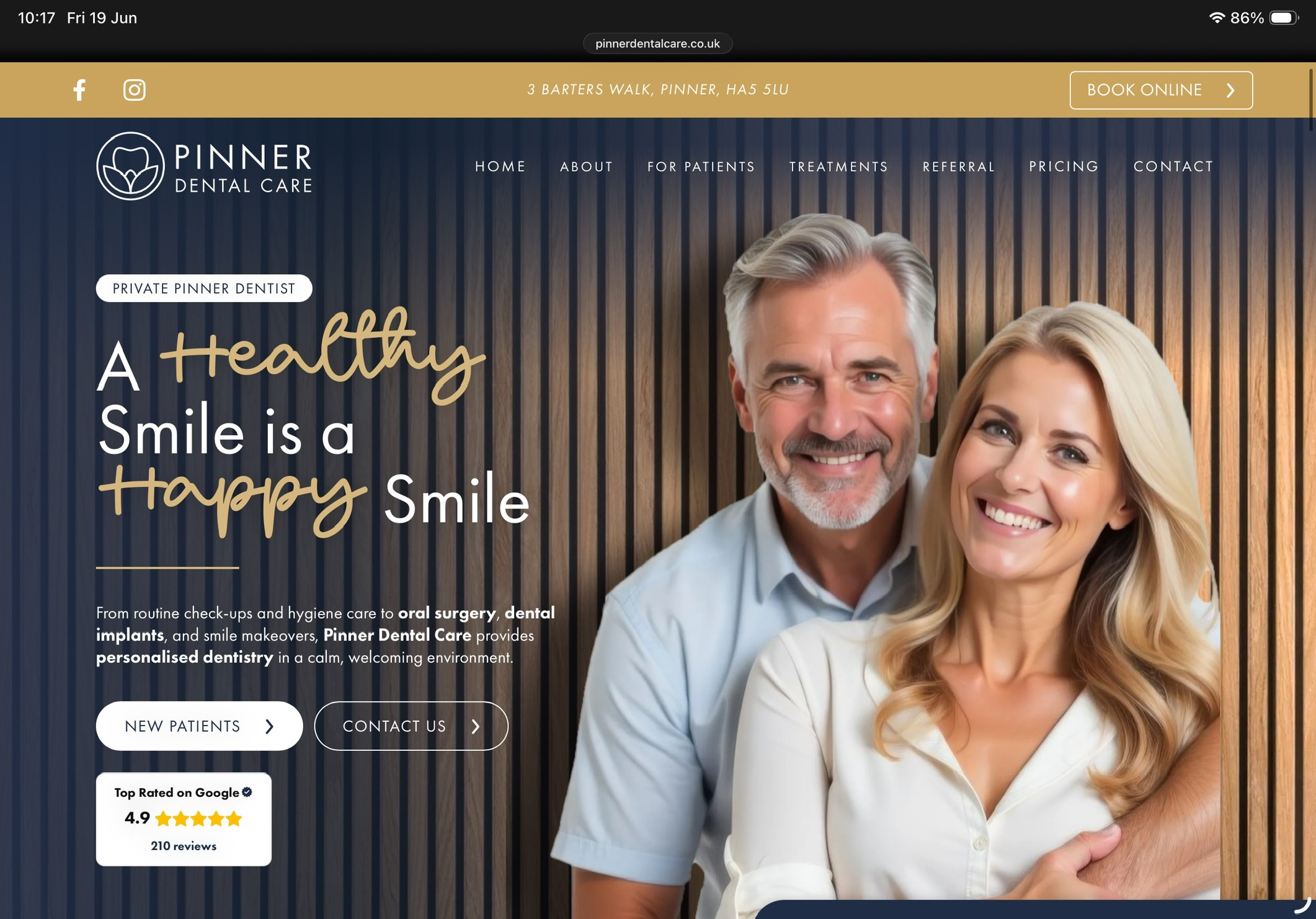 Pinner Dental Care desktop homepage featuring a smiling couple