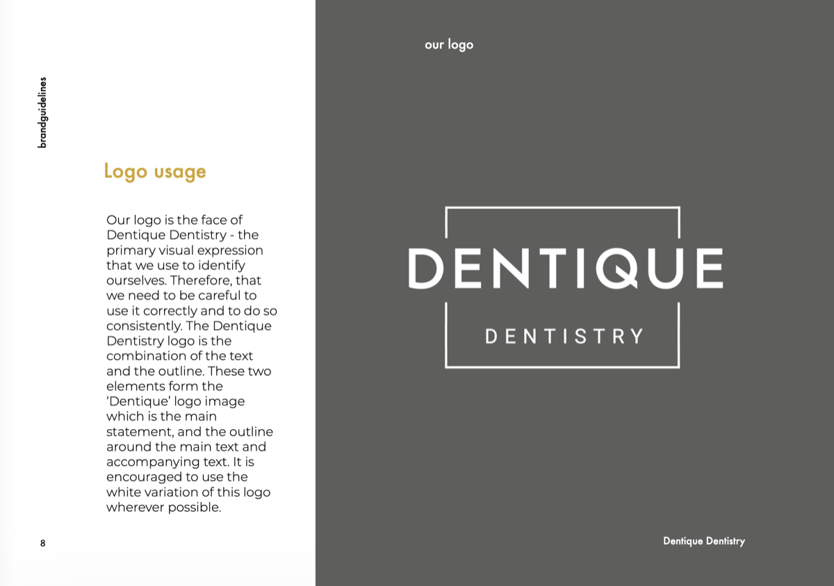 Dentique Dentistry logo usage guidelines with white logo on grey