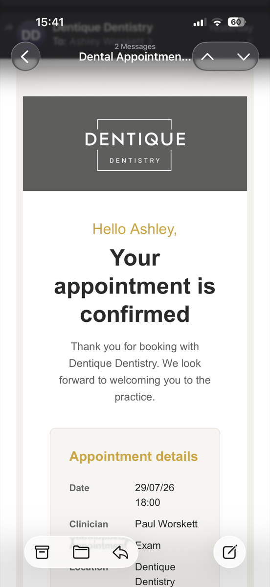 Dentique Dentistry mobile appointment confirmation
