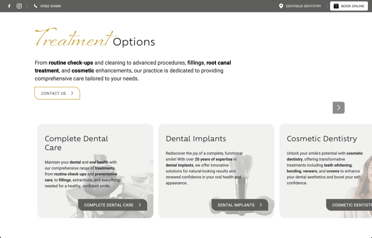 Dentique Dentistry website treatment options for dental care, implants and cosmetic dentistry
