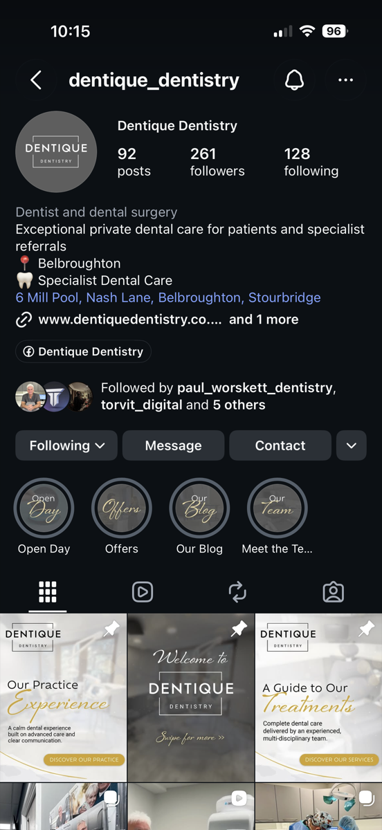 Dentique Dentistry Instagram profile and post grid