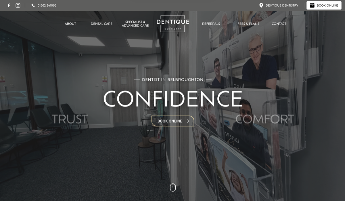 Dentique Dentistry desktop homepage featuring the practice interior
