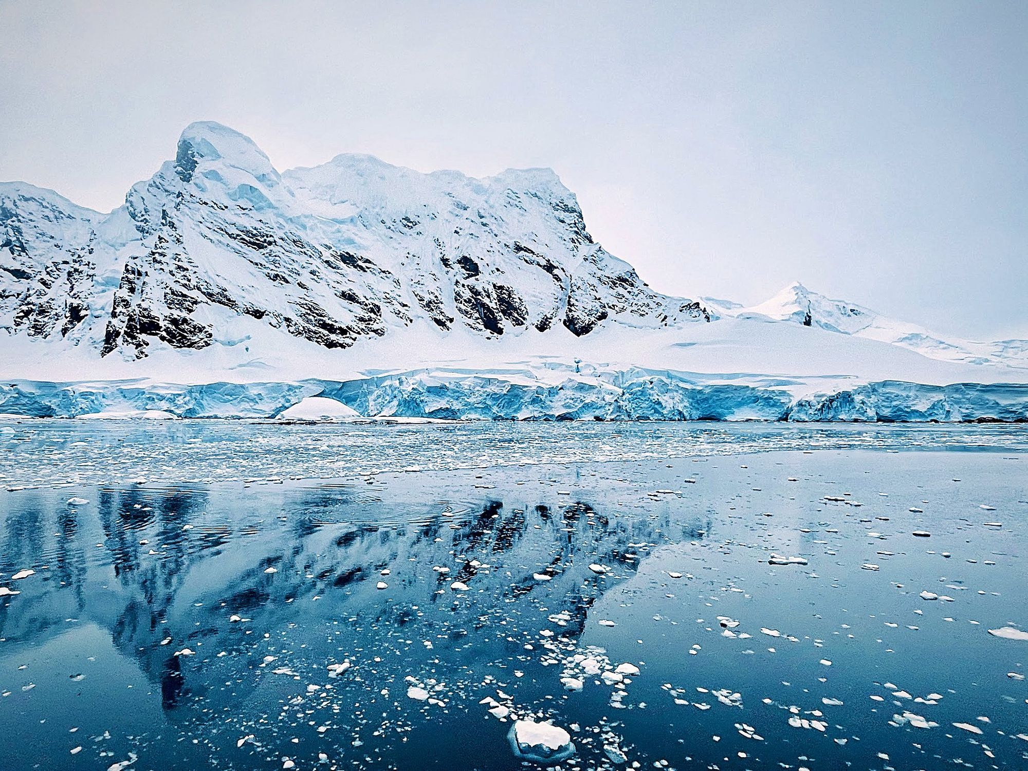 Snow mountains reflected in still, ice-flecked water in Antarctica