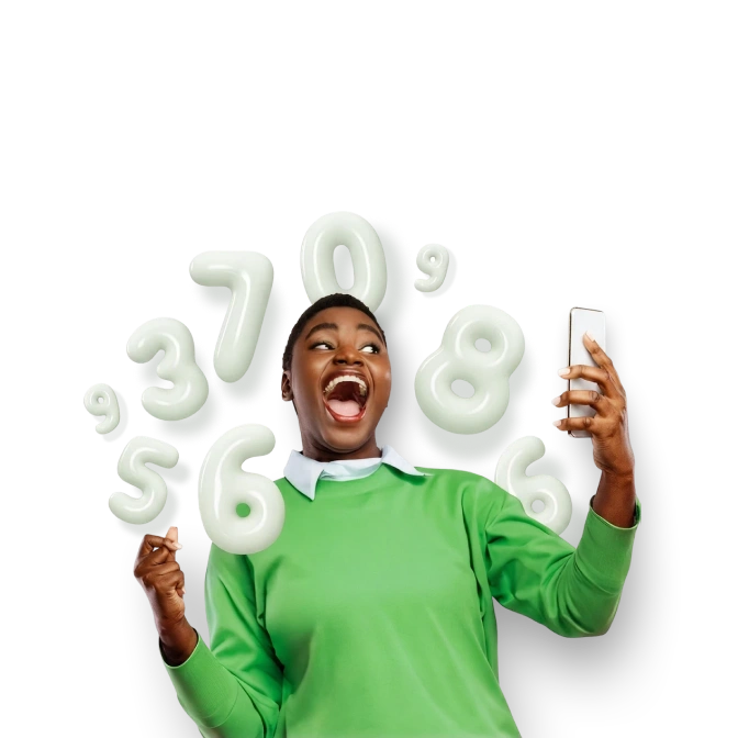 a woman holding a phone and a phone with numbers floating around her
