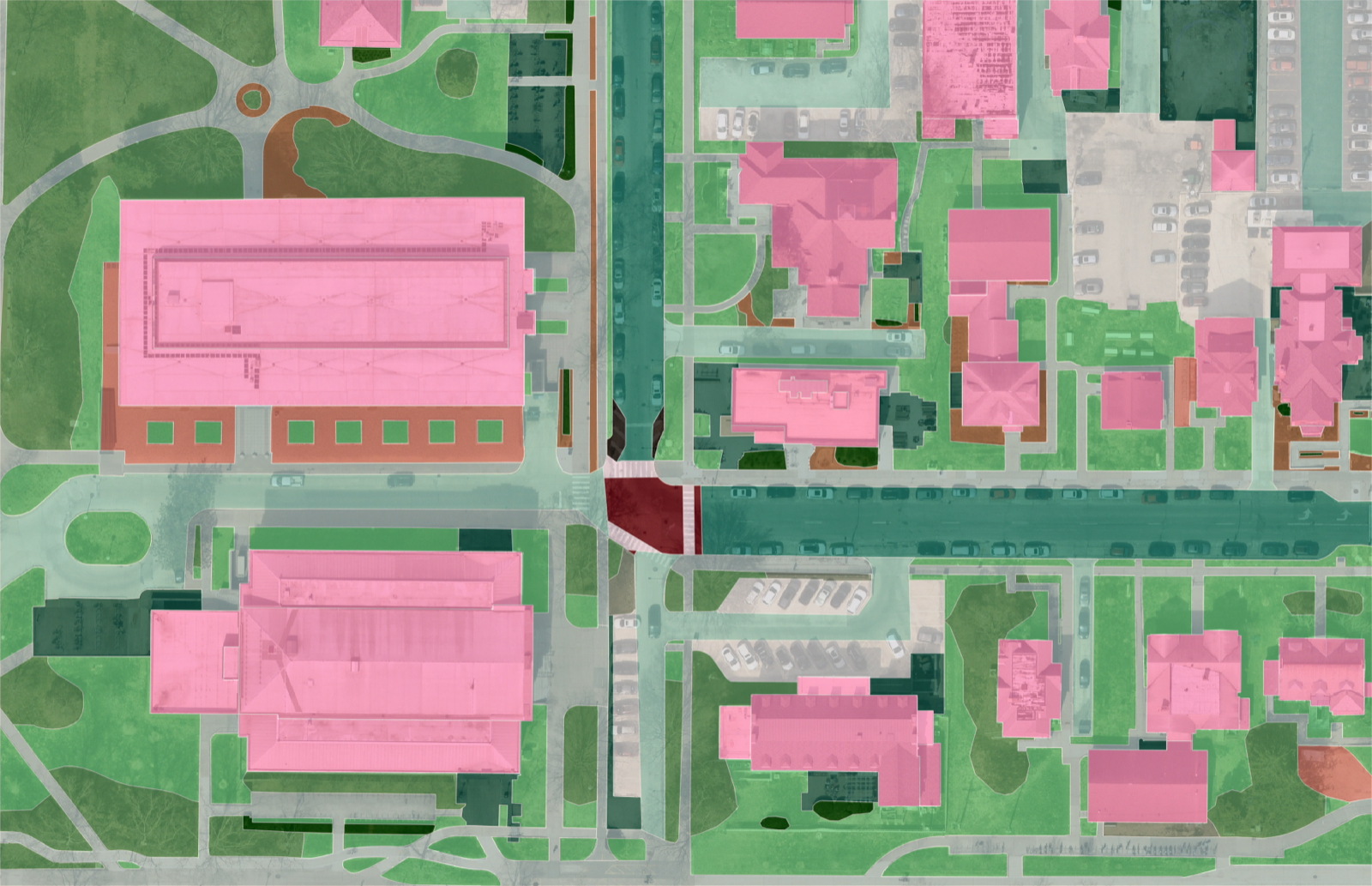 Completed aerial takeoff of the same property: buildings, turf, tree canopy, sidewalks, and parking extracted and colour-coded