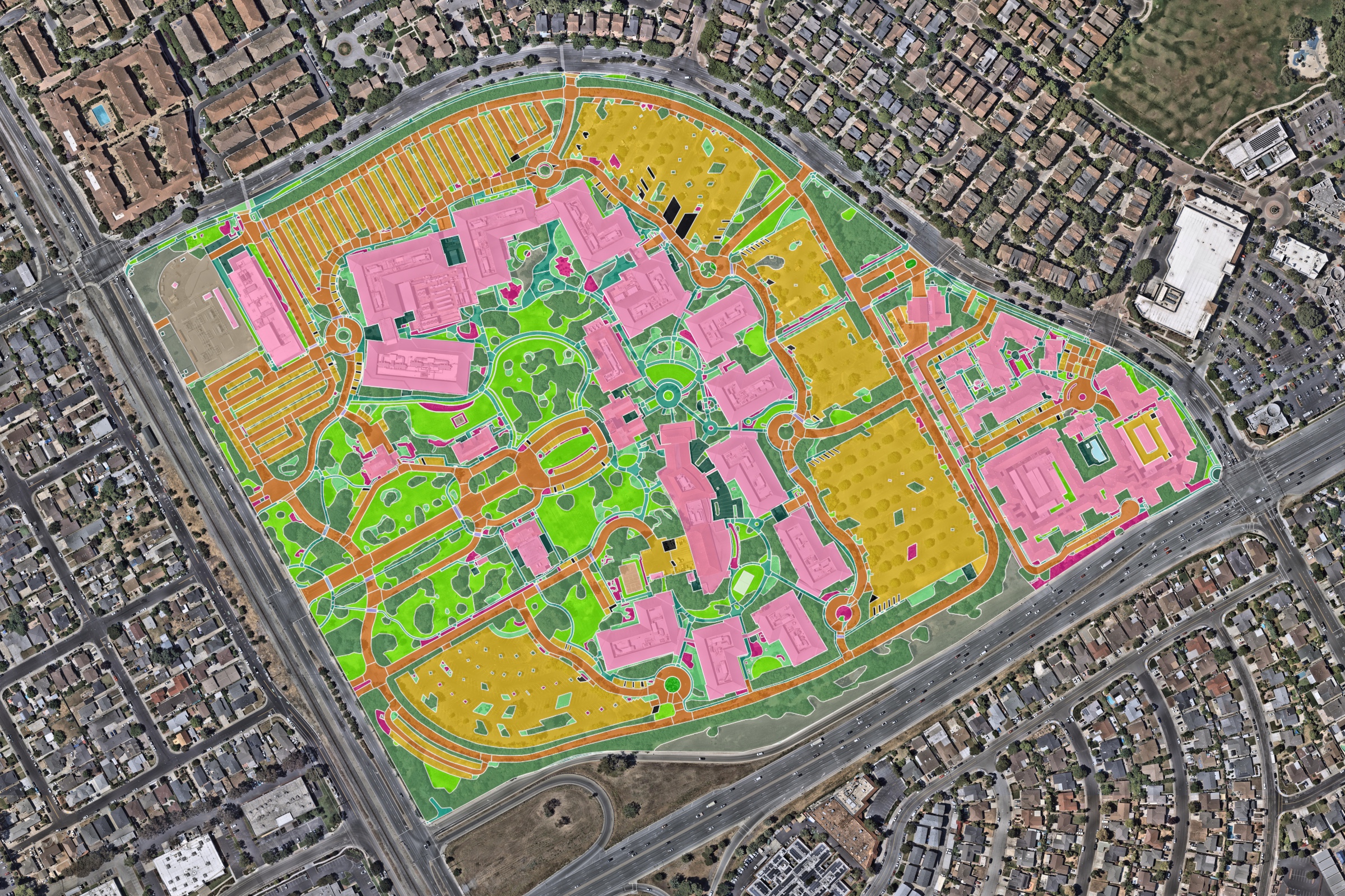 Aerial takeoff of a 96-acre commercial campus at 4200 Network Circle, Santa Clara: every surface classified, including buildings, parking, driveways, sidewalks, turf, and planting beds